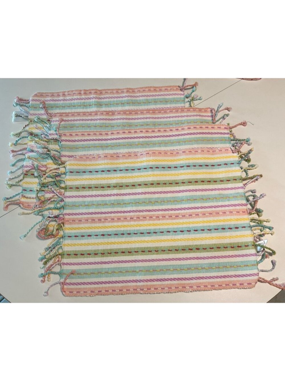 4 Blossoms & Blooms Woven Serape Placemats Fringe Pastel Dinner Setting Decor
